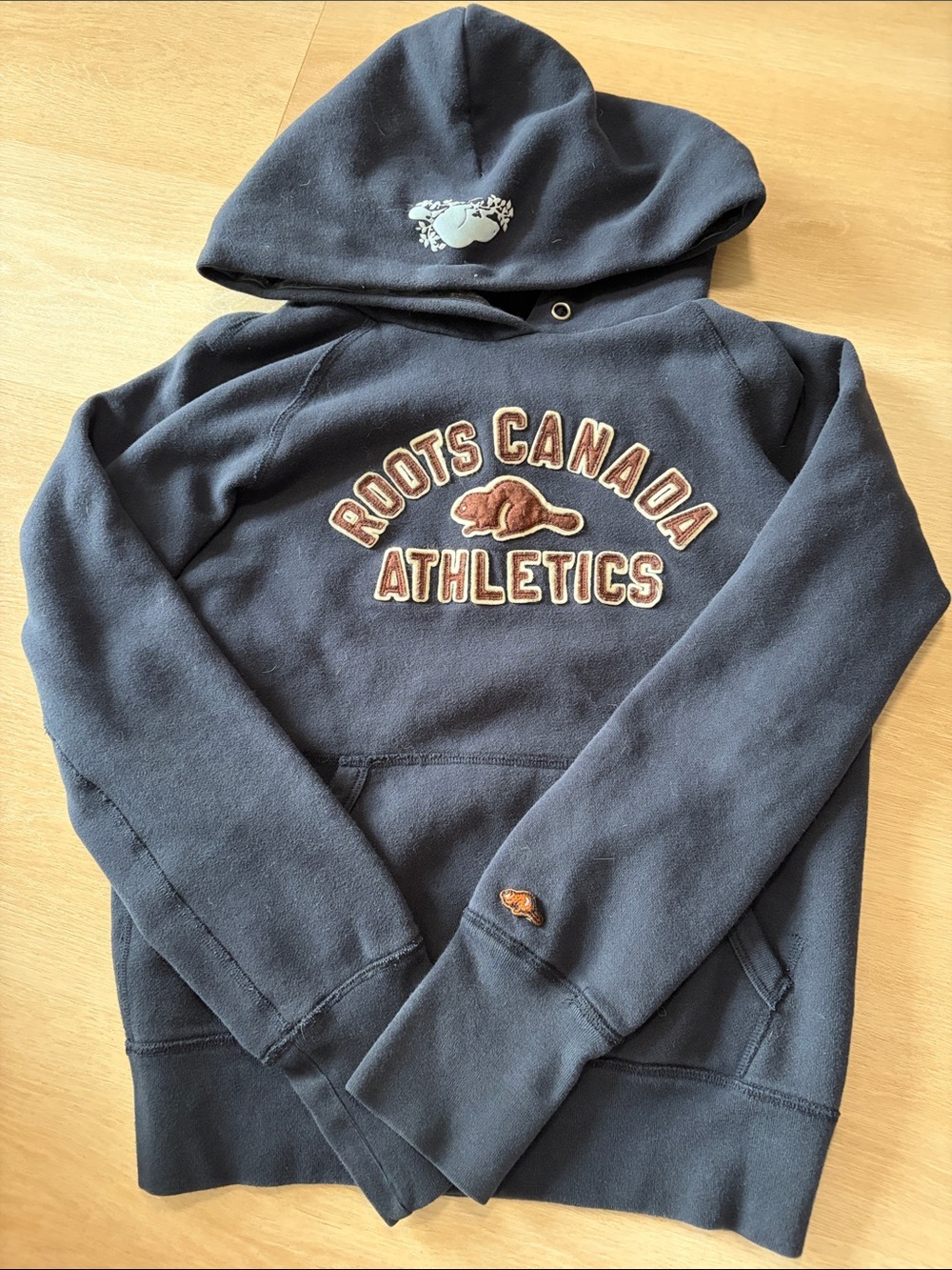Roots Navy Crewneck with Cocoa brown and cream Athletic Logo